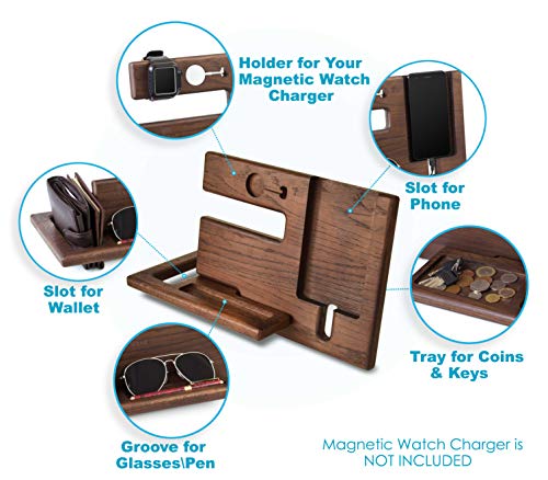 Teslyar Natural Oak Wood Phone Docking Station Recess Key Holder Wallet Stand Magnetic Watch Charger Slot Organizer Men Gift Husband Wife Anniversary Dad Birthday Nightstand Tablet Father Graduation
