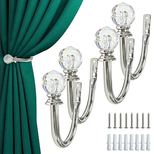 Image of 4Pcs Crystal Ball Curtain Tie Backs Silver Metal Wall Mounted Holders