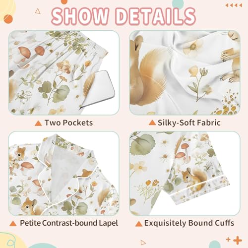 senya Lovely Squirrel Wild Flowers Satin Summer Pajama Sets Silk Short Sleeve Button Down Sleepwear3