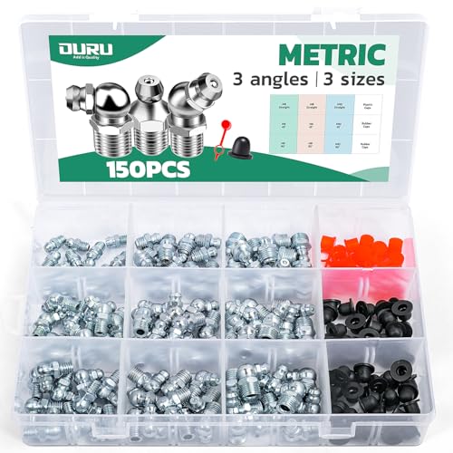 Image of OURU 150PCS Grease Fittings Kit, Metric Zerk Grease Fittings Straight 45 90 Degree with Grease Fitting Caps for Grease Gun