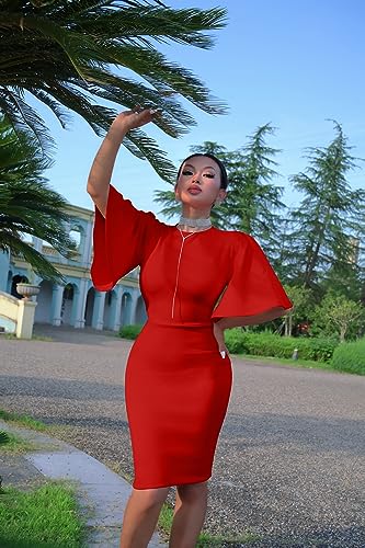 Image of Memoriesea Women's Basic Bodycon Ruffle Flared Short Sleeve Pencil Midi Dress
