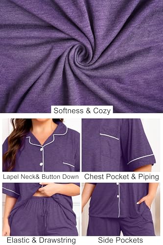 Image of Vozanet Women Plus Size Pajamas Button Down Rayon Softness PJS Classic Sleepwear Short Long Loungewear 2pcs with Pockets