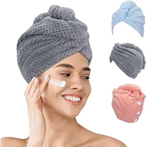 FREATECH 3 Piezas Toalla Microfibra Pelo, Toallas para Secar el Pelo sin Encrespamiento, Menos Secado con Secador, Turbante Pelo Suave y Absorbente con 3 Botones para Cabello Largo, Rizado y Grueso Cover