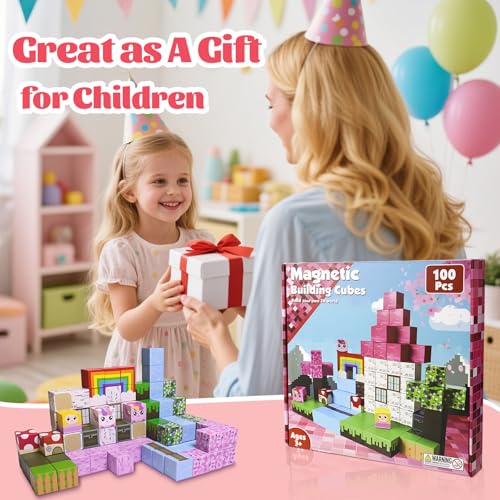 Magnetic Blocks - 100 PCS Magnet Block Stacking Sensory STEM Outdoor Game for 3+ Years Old Boys&Girls Children Birthday Easter Gift, 3D Tiles Construction Weekends Toy Set, Castles and Rainbow