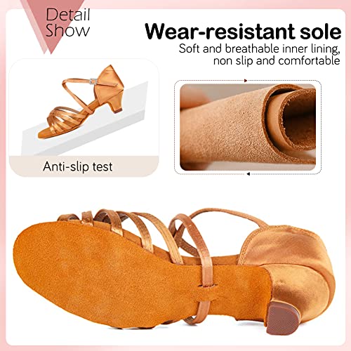 TINRYMX Girls&Women Latin Dance Shoes Silk Ballroom Salsa Tango Professional Performance Practice Dance Shoes, ZSXGG-Brown-4,US 12.54
