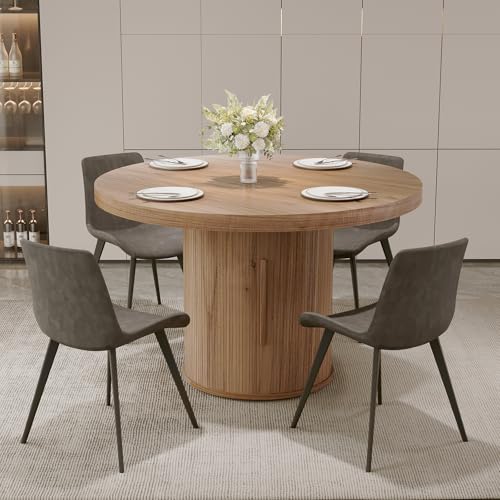 Image of HIPIHOM 5-Piece Dining Set for Small Spaces 43.3 inch Round Table & 4 PU Leather Chairs, Modern Farmhouse with Storage Shelf, Apartment Kitchen Easy Assembly (Walnut Color Round Table + 4 Gray Chairs)