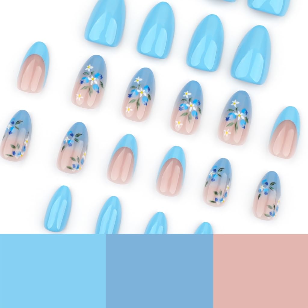 24Pcs French Tip Blue Flower Short Almond Shape Stick on Nails Manicure Nails Decoration for Women