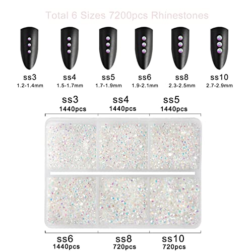 Beadsland 7200 Pcs Flatback Rhinestones for Nails,Transparent Round Small Crystal Glass Rhinestones Gems for Crafts,Mixed 6 Sizes with Wax Pencil Kit,SS3-SS10,Transparent AB - Image 4