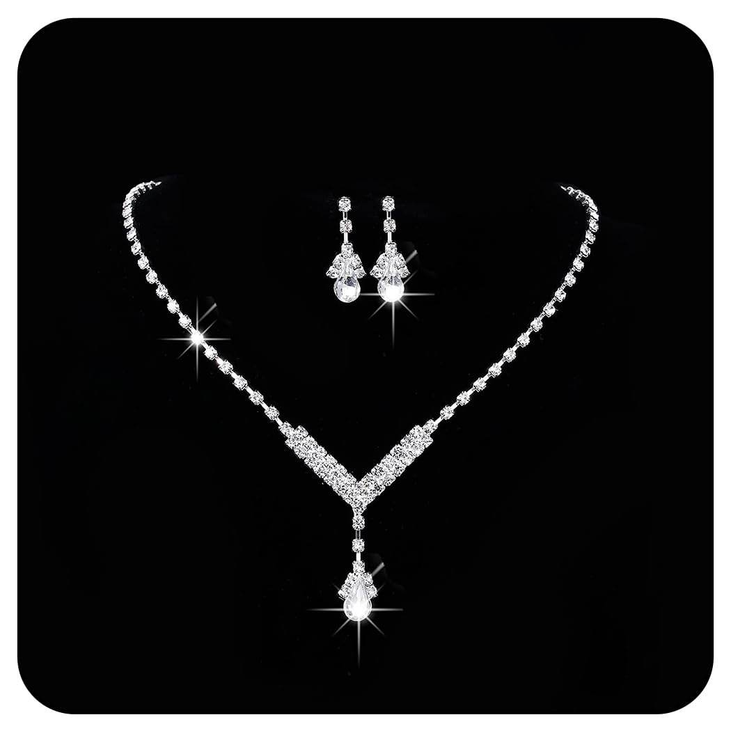 Jovono Conjunto de collar y aretes de boda con diamantes de imitación Conjuntos de joyas de plata para novia Conjuntos de joyas de cristal para mujer