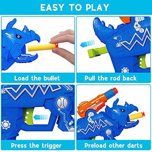 Dinosaur Toy Guns For Toddlers Age 3-5,Dino Blaster Toys For 3 4 5 6 7 8 Year Old Boys,2 Pack Foam Blasters Guns Cool Shooting Game T-Rex & Triceratop Toy With 30 Bullets Darts Birthday Gift For Boys #TOP2