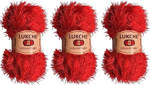 Image of Eyelash Fun Fur Yarn Premium 100% Polyester 164 Yds (150 Mt), 3.53 Oz (100 Gr) Colorful Crochet Yarn Dıy Hand Knitting. (Red, 3 Skein)