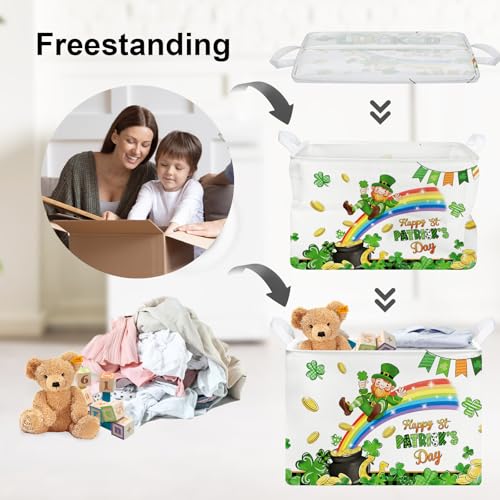 Image of Clastyle Lucky Clovers Saint Patrick's Day Baby Gift Basket Collapsible Rectangle Gold Coin Kid Toy Storage Box Rainbow Plaid Clothes Book Shelf Basket, 36L White