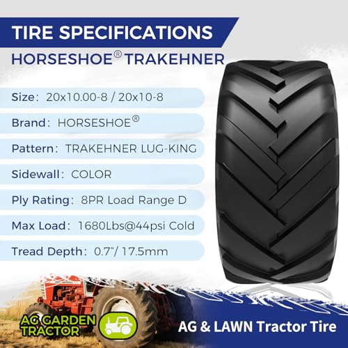 Image of HORSESHOE TRAKEHNER 2 New 20x10.00-8 / 20x10-8 8PR T148 Super Lug-King Ditch Witch Trencher AG Farm Lawn Tractor Tires 2010008 Color-Sidewall Heavy Duty (20x10.00-8 8Ply)