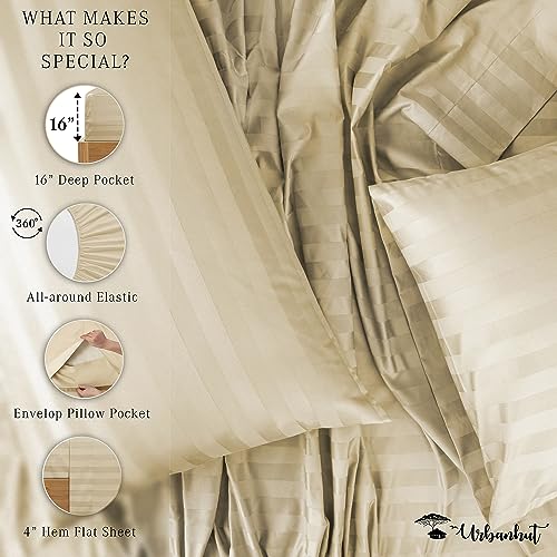URBANHUT 800 Thread Count Egyptian Cotton Damask Striped Full Size Sheets Set (4 Pc) - Ultra Soft & Smooth, Sateen Weave Full Size Bed Sheets, Luxury Hotel Sheets with 16" Deep Pocket - Sand