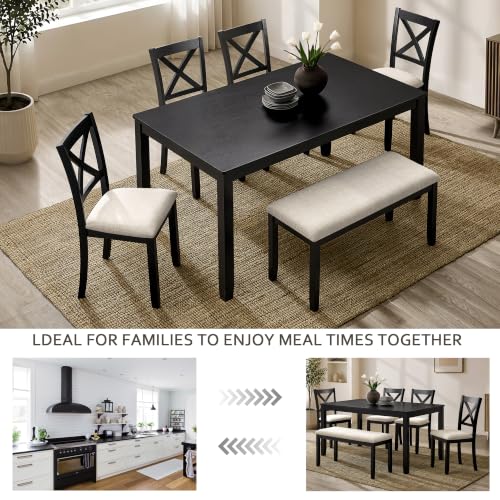 Image of Harper & Bright Designs 6-Piece Dining Table Set with Chairs & Bench,Black | Padded Beige Upholstered Seats, Space-Saving Bench, And Easy Assembly - Perfect For Families And Apartments
