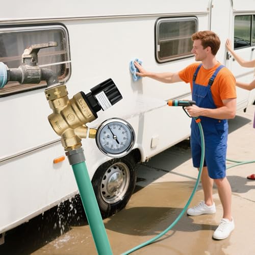 Image of U.S. Solid 3 /4 in GHT RV Water Pressure Regulator, Handwheel-Adjustable Lead-Free Brass Valve with 0-160 psi Gauge and Inlet Filter, for RV Camper Trailer and Garden Hose