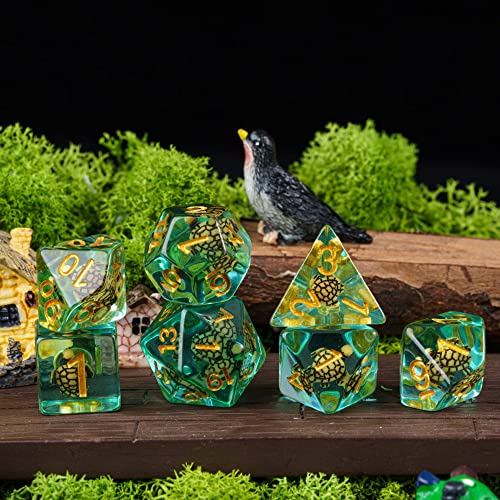 Image of Cusdie 7-Die DND Dice, Polyhedral Dice Set Filled with Animal, for Role Playing Game D&D Dice (Brown Turtle)