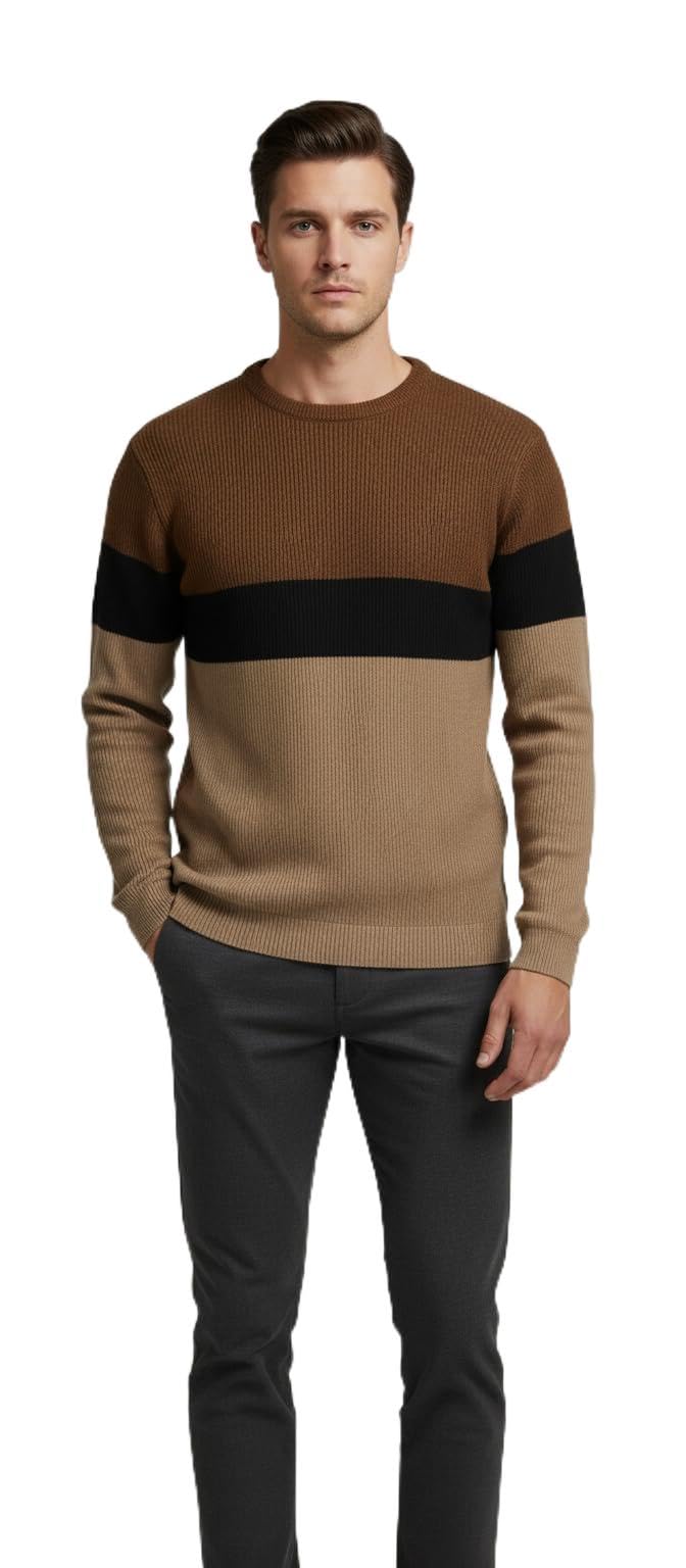 Klein Blue Men's Colour Block Ribbed Knit Sweater, Brown and Beige with Black Stripe, Round Neck-picture-42