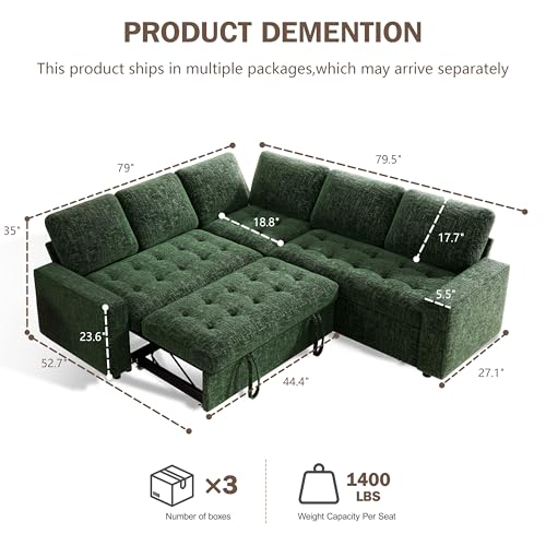 Image of Vipbear 85 Inch Modular Sectional Sofa with Pull Out Bed, Chenille L Shaped 5 Seat Sectional Sofa with USB Ports /Reclining Backrest /Storage Seats, Tool-Free Assembly, Couches for Living Room Green