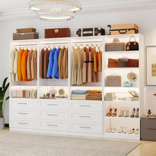 Image of Closet System with 4 Sets, 8FT Closet Organizer Systems with 9 Wooden Drawers 9 Shelves & 5 Hanging Rods, Walk in Closet freestanding Small Corner Modular Closet Storage System White (8FT)