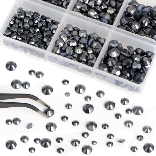Image of Bymitel Hotfix Crystal Rhinestones Round Gems for Crafts,Mixed 6 Sizes with Wax Pencil Kit, Jet Hematite 1.6-6.3mm SS4-SS30 /8000pcs