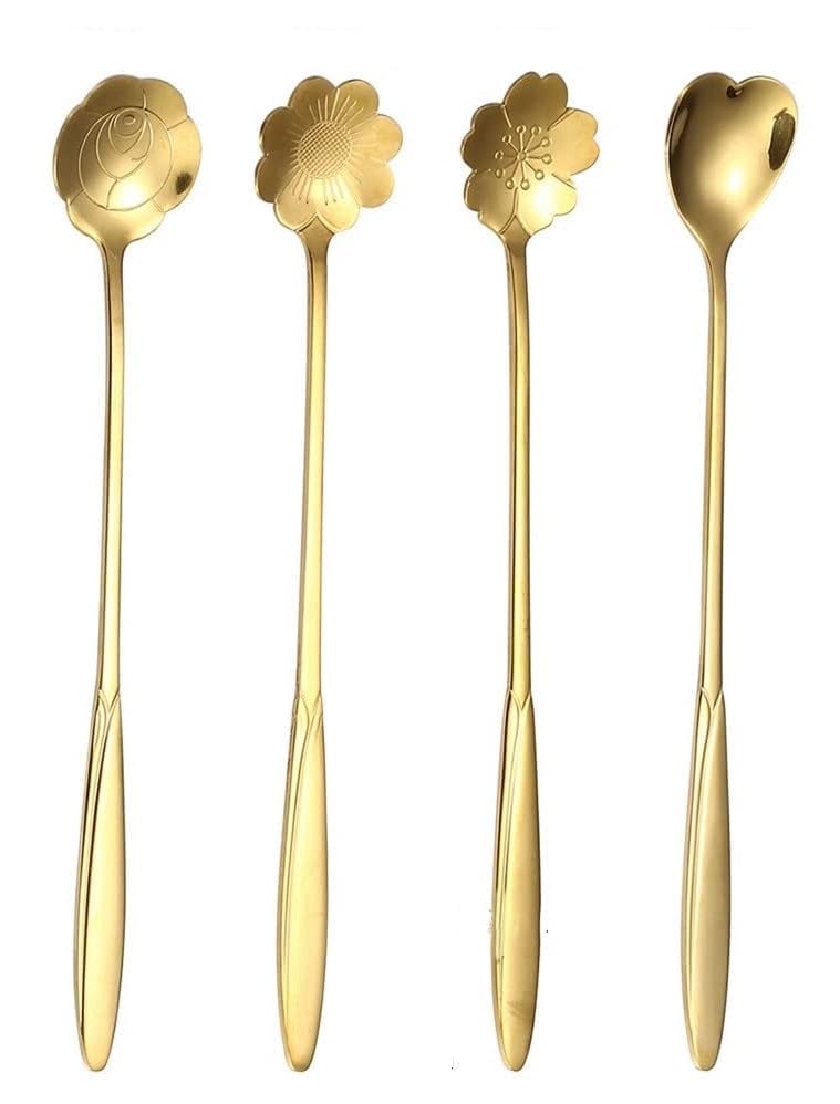 DREWIT STAR Golden Spoon Set/Dessert Spoon/Cutlery Kitchen Tableware/Stainless Steel Gold Flower Shape Coffee Spoon with Package Bag, 18cm, 4 Pcs Different Coffee Spoon (4)