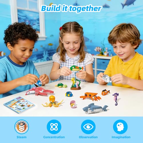 Image of Wise Block 556 PCS Ocean World Building Set,12 Packs Sea Animals Building Toy with Display Stand, STEM Educational Learning Toy, Birthday Gift for Boys Girls Ages 4+, Beach Toy with Shark & Turtle