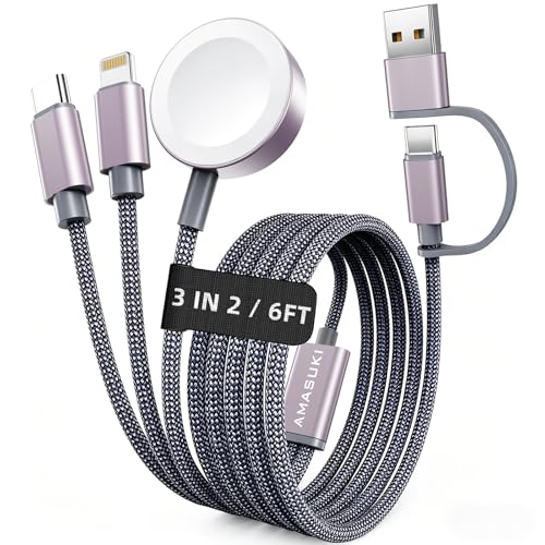 Image of Travel Essentials,3 in 2 USB C Cable for Apple Watch Charger,iPhone Charger,Multi Charging Cable,Cruise Vacation Camping Essentials for iWatch Series 11-2 /Ultra,iPhone 17-12,Car Accessories,Grey-6FT