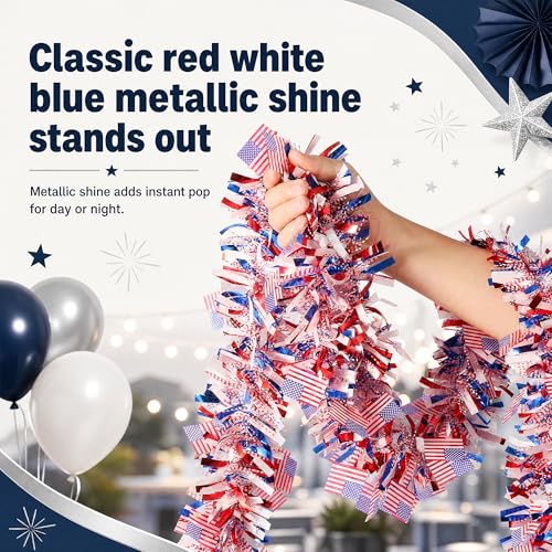50 FT 4th of July Garland with American Flags, Red White and Blue Patriotic Tinsel, Indoor & Outdoor US Party Decor for Mantel, Stairs, Porch Railings, Golf Cart, Parade Float & America 250 by Wobenice - Used condition - Image 3