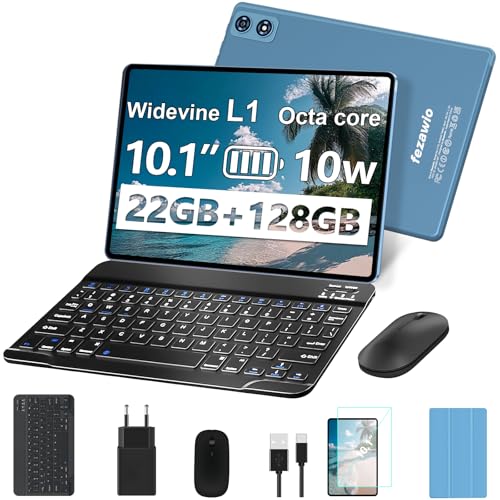fezawio F10 10 Inch Android 14 Tablet, 22GB RAM, 128GB ROM, 1TB Expandable, 8000mAh, 5G Wi-Fi, Widevine L1, Octa-Core, Keyboard, Mouse, Holster, Blue