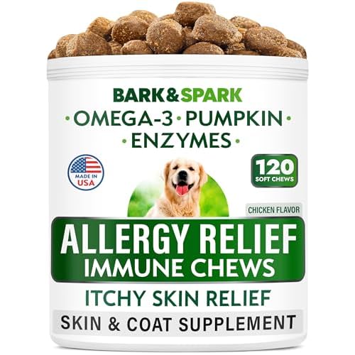 BARK&SPARK Dog Allergy Relief Chews – Anti-Itch Skin & Coat Supplement – Omega 3 Fish Oil – Itchy Skin Relief Treatment Pills – Itching&Paw Licking – Dry Skin&Hot Spots – (120 Immune Treats – Chicken)