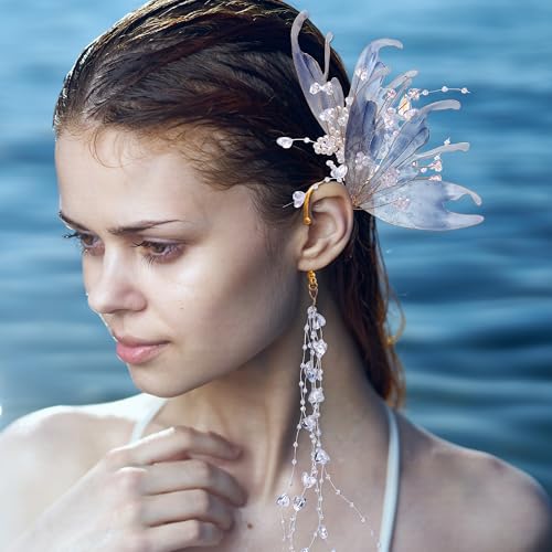 FRESHME Mermaid Elf Ear Cuffs - Fairy Ears No Piercing Elven Ear Clips with Bead Tassel Dress up Mermaid Renfaire Accessorie2