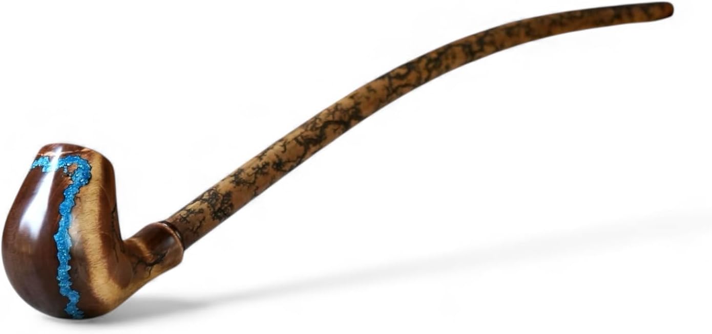 Handcrafted Wooden Tobacco Pipe with Turquoise Inlay, Long Curved Bent Stem Smoking Pipe for Tobacco, Unique Handmade Gift for Men
