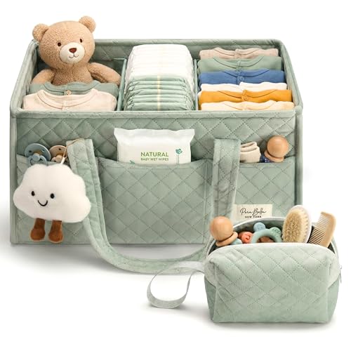 PeraBella Baby Diaper Caddy Organizer Baby Basket Shower Gift Portable Changing Table Basket Postpartum Caddy & Tote Bag Pouch Newborn Boy & Girl Nursery Essentials Registry Car Diaper Organizer