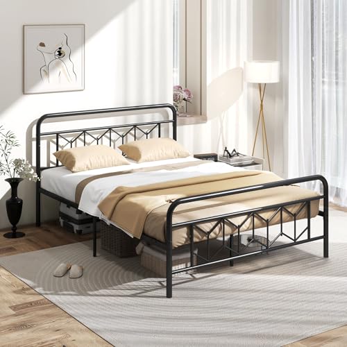 GOFLAME Queen Size Metal Bed Frame, Heavy-Duty Mattress Foundation with High Headboard & Footboard, Under Bed Storage, Vintage, Victorian Style Full Platform Bed, No Box Spring Needed, Black