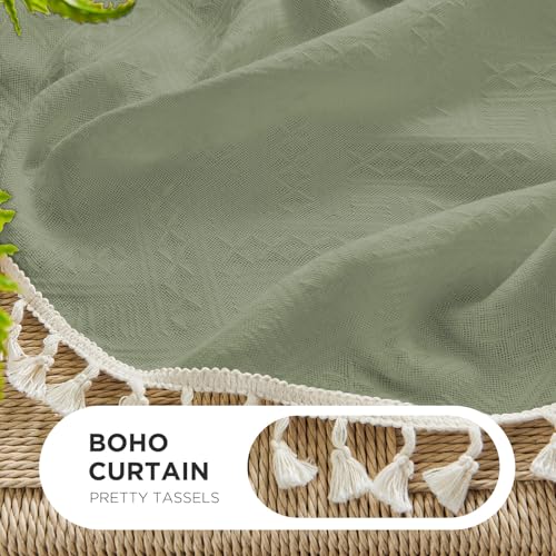 Image of Joydeco Linen Sage Green Boho Curtains 63 Inch, 2 Panels with Tassels | Super Soft Farmhouse Drapes, Semi Sheer Light Filtering, Natural Look for Bedroom Living Room, Modern Boho Decor