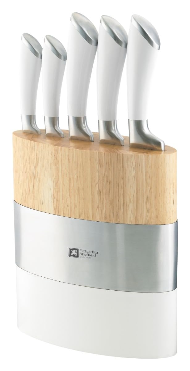 Fusion 5 Piece Kitchen Knife Block Set, White, Stainless Steel, 18 x 10 x 37.6 cm