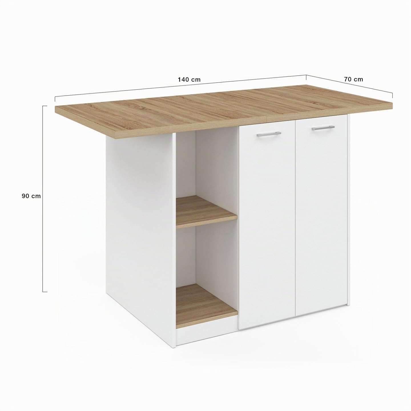 IDMarket – Ilot Central BAO 140 cm 4 personas madera blanca con superficie de trabajo en forma de haya