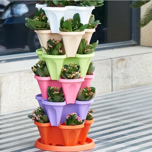 Maceta vertical apilable para jardín, torre de fresas de 6 niveles, macetas de plástico para flores y hierbas para interiores y exteriores, jardín, patio y decoración de veranda