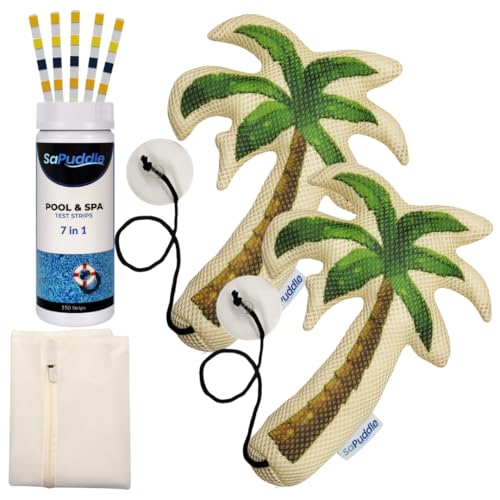 Hot Tub Scum Absorber Palm Tree Scum Absorber for Spa Hot Tubs - 2-Pack Scum and Oil Absorbing - Washable with 150 Water Test Strips - Keeps Your Hot Tub Sparkling Clean