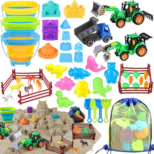 FHOZGECY Beach Toys, Farm Playset, Sand Toys with Collapsible Beach Bucket, Take Apart Tractor, Sand Castle Building Kit, Farm Animals, Beach Shovel, Mesh Bag, Indoor Outdoor Toys for Kids Ages 4-8