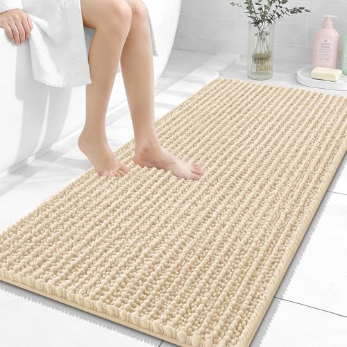Image of OLANLY Long Bathroom Rugs Runner 47x24, Thick Soft and Absorbent Chenille Bath Mat, Non-Slip, Machine Washable Quick Dry Bath Rugs for Tub Shower Floor, Home Decor Accessories, Beige