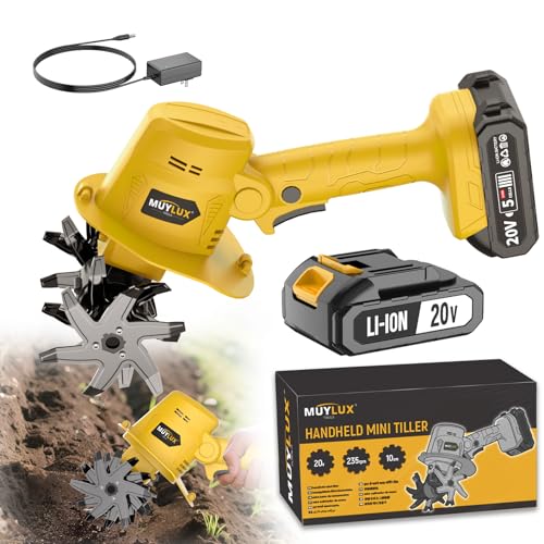 Muylux 20V Cordless Tiller Cultivator for Gardening Electric Garden Tiller with Battery & Charger Garden Rototiller for Lawn Gardening Soil Cultivation 1 Battery