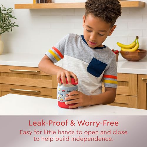 Image of Bentgo Kids Stainless Steel Leak-Proof Food Jar for Hot or Cold Food | 11 fl oz Double Insulated Container with Removable Silicone Bumper, Dishwasher Safe, Easy Open Lid, Ages 3+ (Trucks)