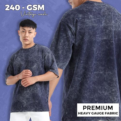 Image of fanideaz Mens 240 GSM Heavy Cotton Acid Wash Oversize T-Shirt Half Sleeve Round Neck Drop Shoulder Oversize Fit