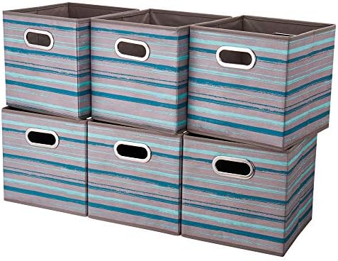Collapsible Storage Cube Bins Gray Organizer Bins Teal Pattern Printed Cubes Storage Boxes 10.5x10.5 x 11 In Cubes Inserts Foldable Fabric Storage Baskets Drawer for Cube Organizer Shelves,QY-SC12-6