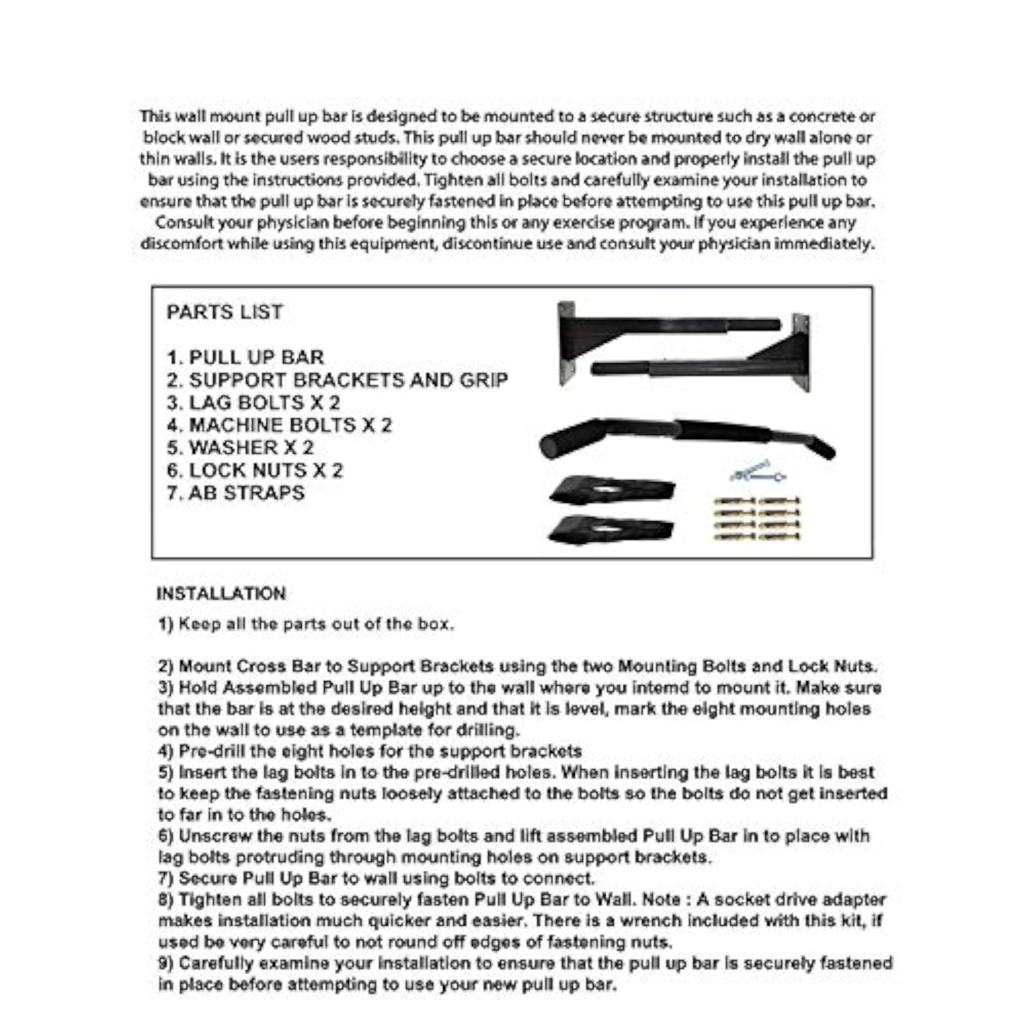 Wall Mounting Chin Up Bar with Ab Straps