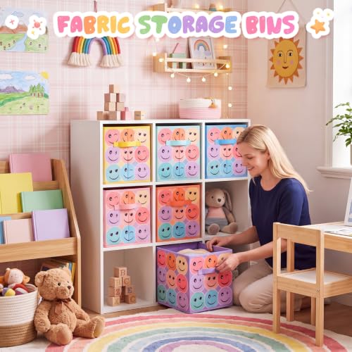 Reallnaive 6 Pcs 11 Inch Pastel Fabric Storage Cubes Smile Face Fabric Storage Bins Foldable Baskets with Handles Collapsible Cubes Organizer for School Closets Books Clothes Organization Shelves - Image 4