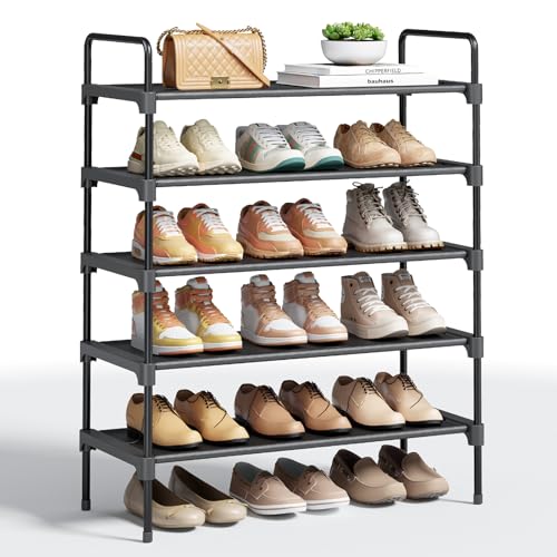 Image of Kitsure Shoe Rack, 26.6 inch Wide Shoe Organizer, 5 Tiers, Black | Closet, Front Door Entrance, Entryway, Stackable & Detachable Shelf, Closet Organizers and Storage