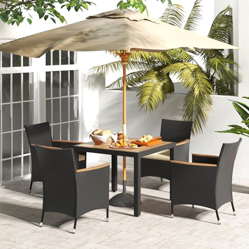 DORTALA 5 Pieces Rattan Patio Dining Set, Outdoor Conversation Set for 4 with Cushions, Chairs & Umbrella Hole Table, Acacia Wood Table & Chair Set for Garden, Balcony, Poolside - Image 3